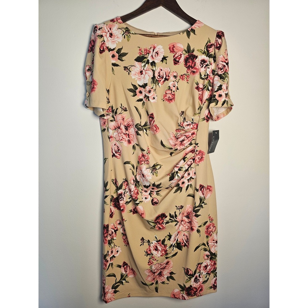[Romantic] Stella & Julie Floral Sheath Dress Womens 14 Tan Pink Ruched Button